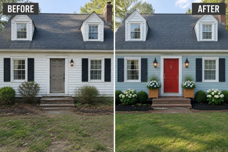 Before-and-after house exterior: white siding brown door changed to blue siding red door with added plants