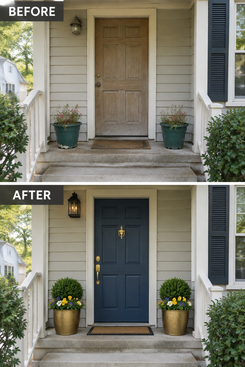 Before-and-after porch renovation: brown door repainted navy blue with gold planters and hardware.