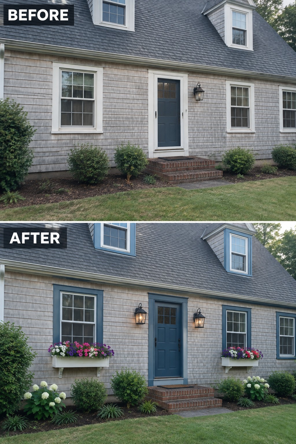 Before-and-after image of a Cape Cod house exterior updated with blue painted trim around the windows and door, flower-filled window boxes, and new lanterns beside the entry.