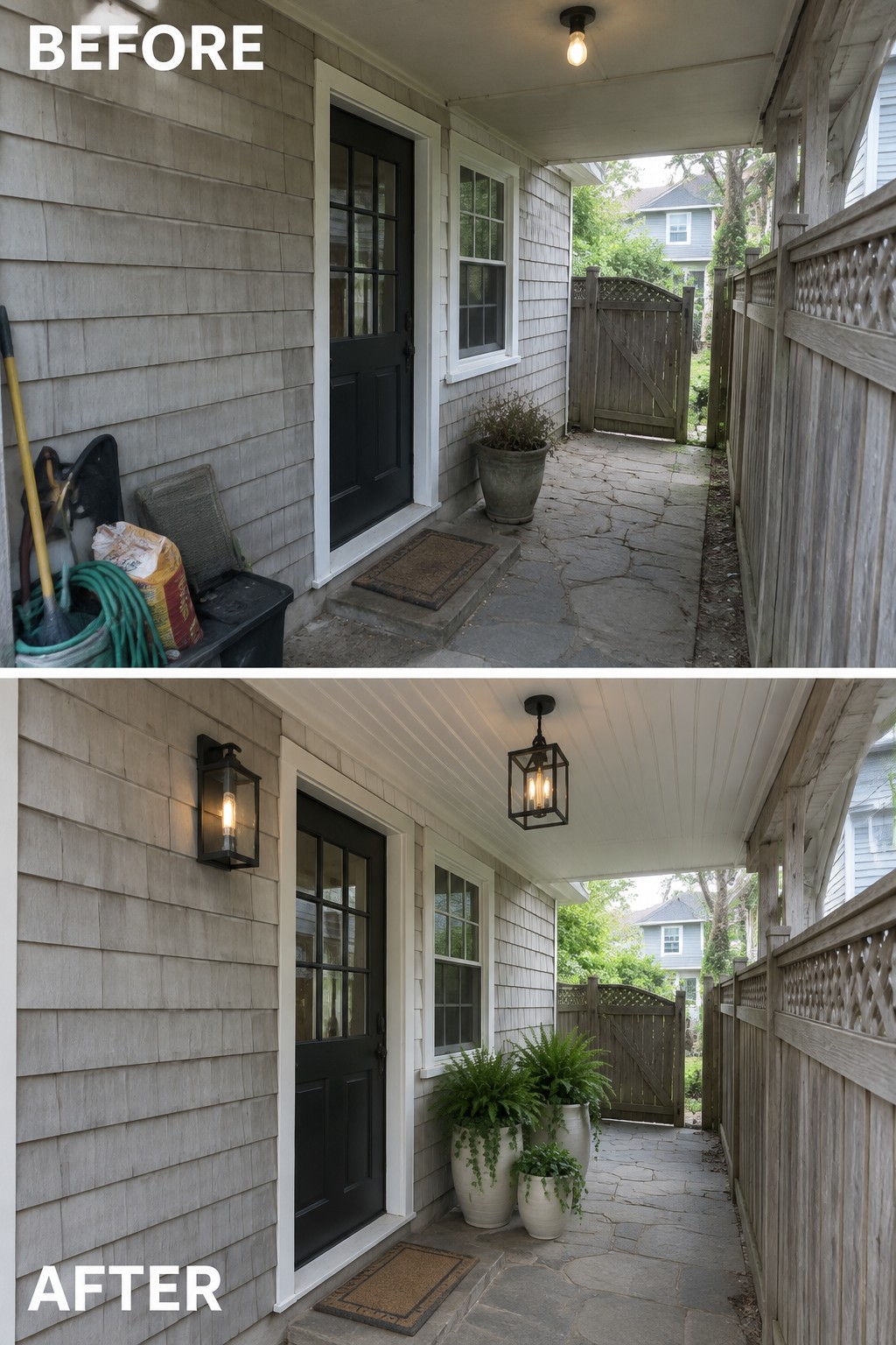 Before and after of a decluttered porch with black door, ferns, and new lanterns
