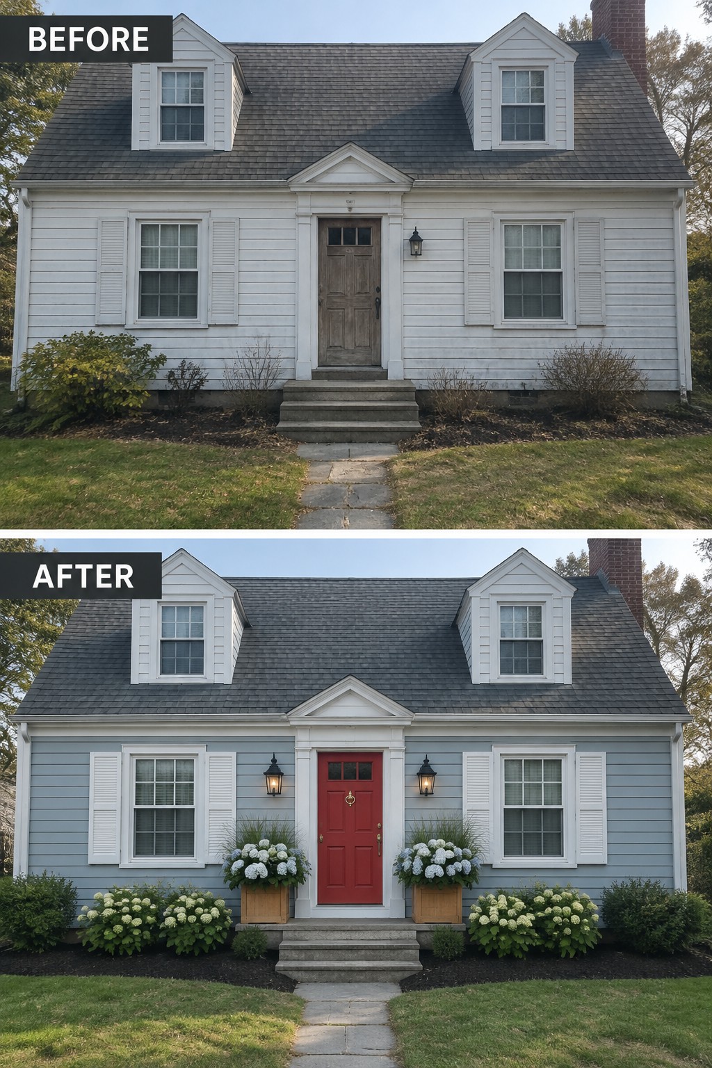 Before-and-after house exterior: white siding brown door changed to blue siding red door with added plants