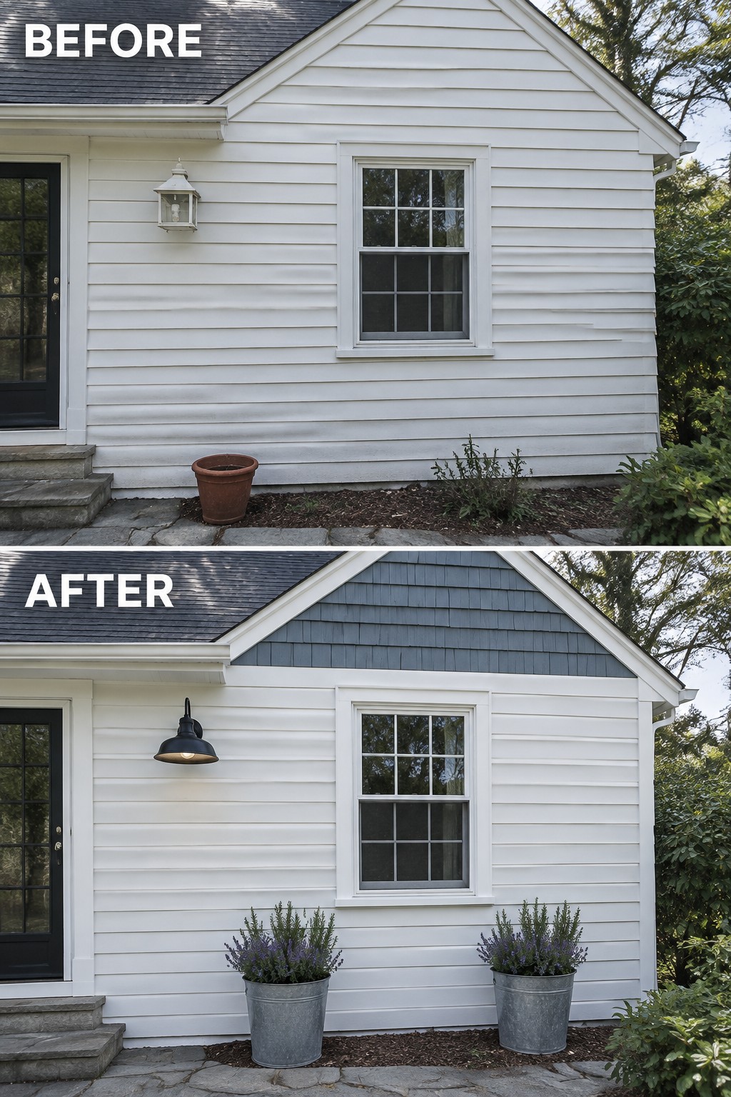Before-and-after image of a white house exterior updated with a new black light fixture and two metal planters with lavender.