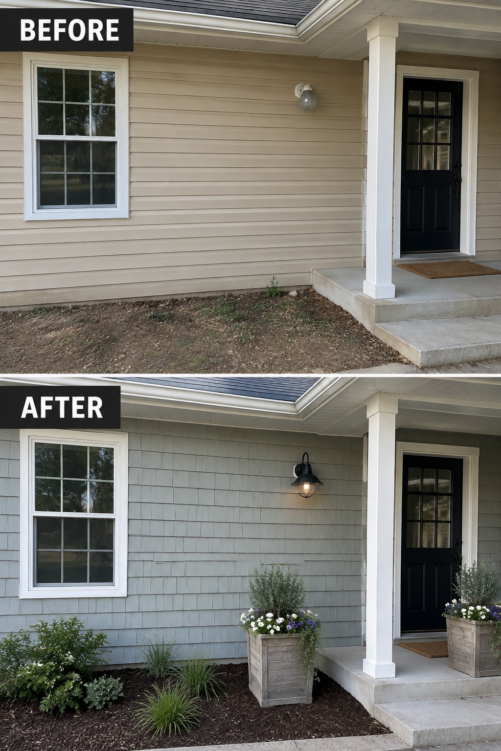 Before and after house exterior with new gray siding, plants, and mulch landscaping.