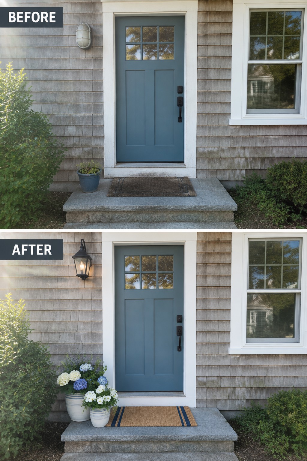 Before and after of blue door with new lantern, flowers, and striped doormat