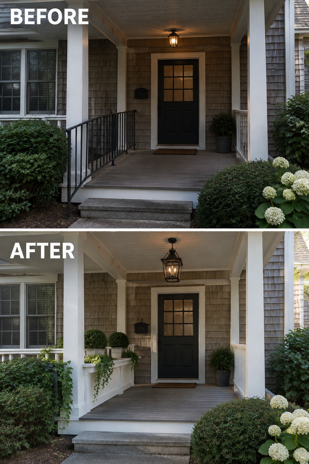 Before and after views of a renovated front porch with black door and plants.