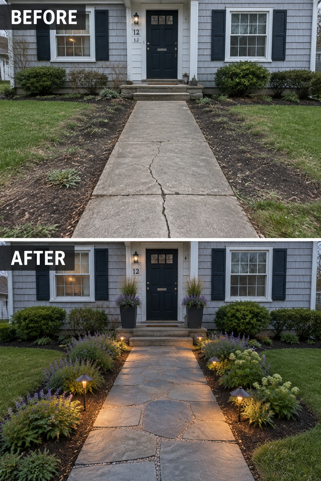 Before cracked concrete walkway and after stone path with landscaping at home entrance