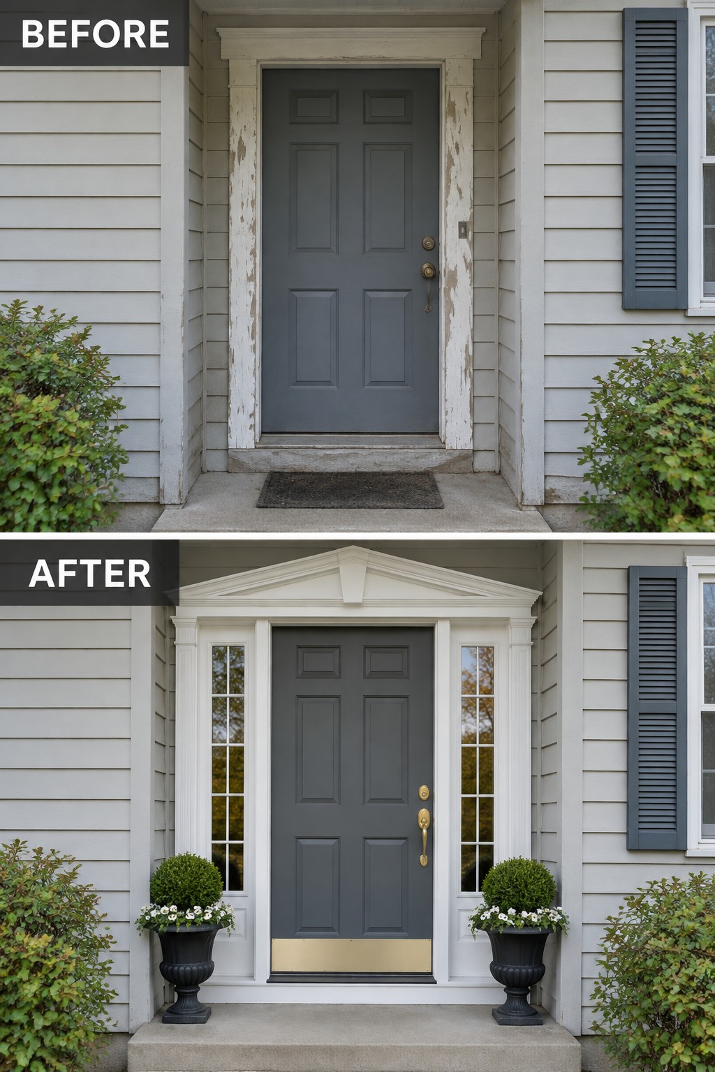 Before and after gray door with white pediment, columns, sidelights, and potted plants