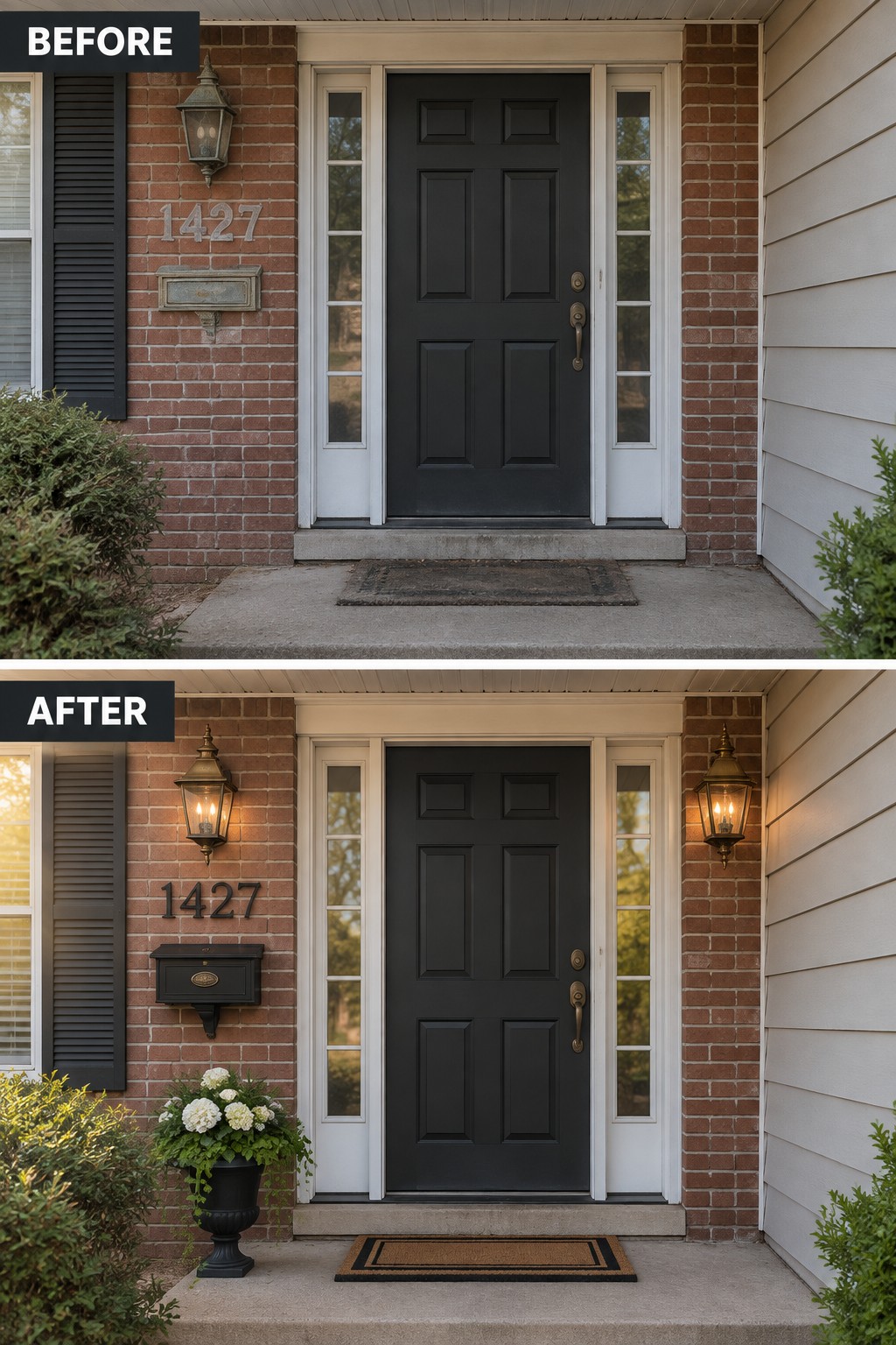 Before and after of black front door on brick house with new lanterns and flowers.