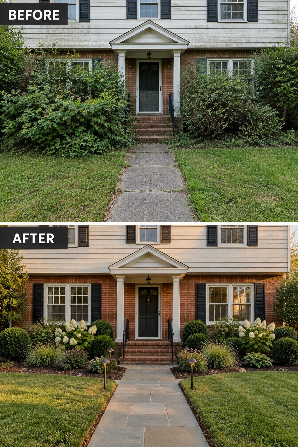 Before and after views of brick house with renovated landscaping and stone walkway.