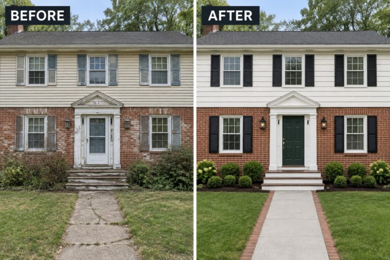21 Classic Colonial House Remodels for Dated Brick and Mixed Siding Before and after of two-story brick house with new black shutters and landscaping.