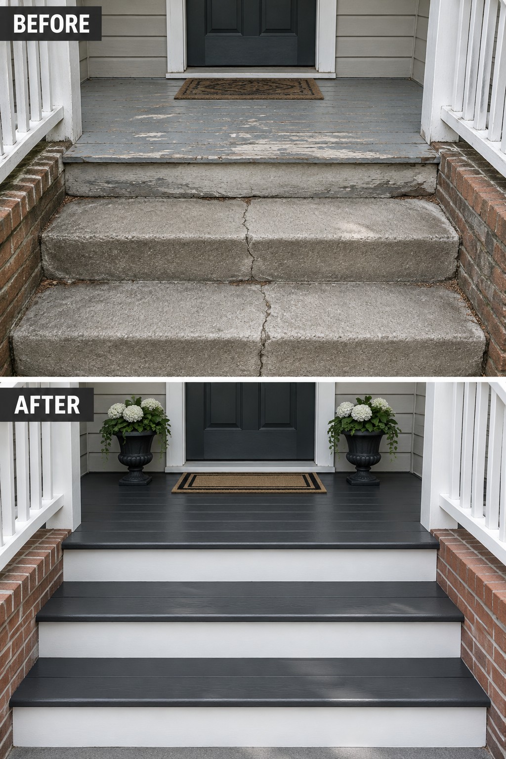 Before-and-after porch steps: cracked concrete versus black treads, white risers, and potted plants.