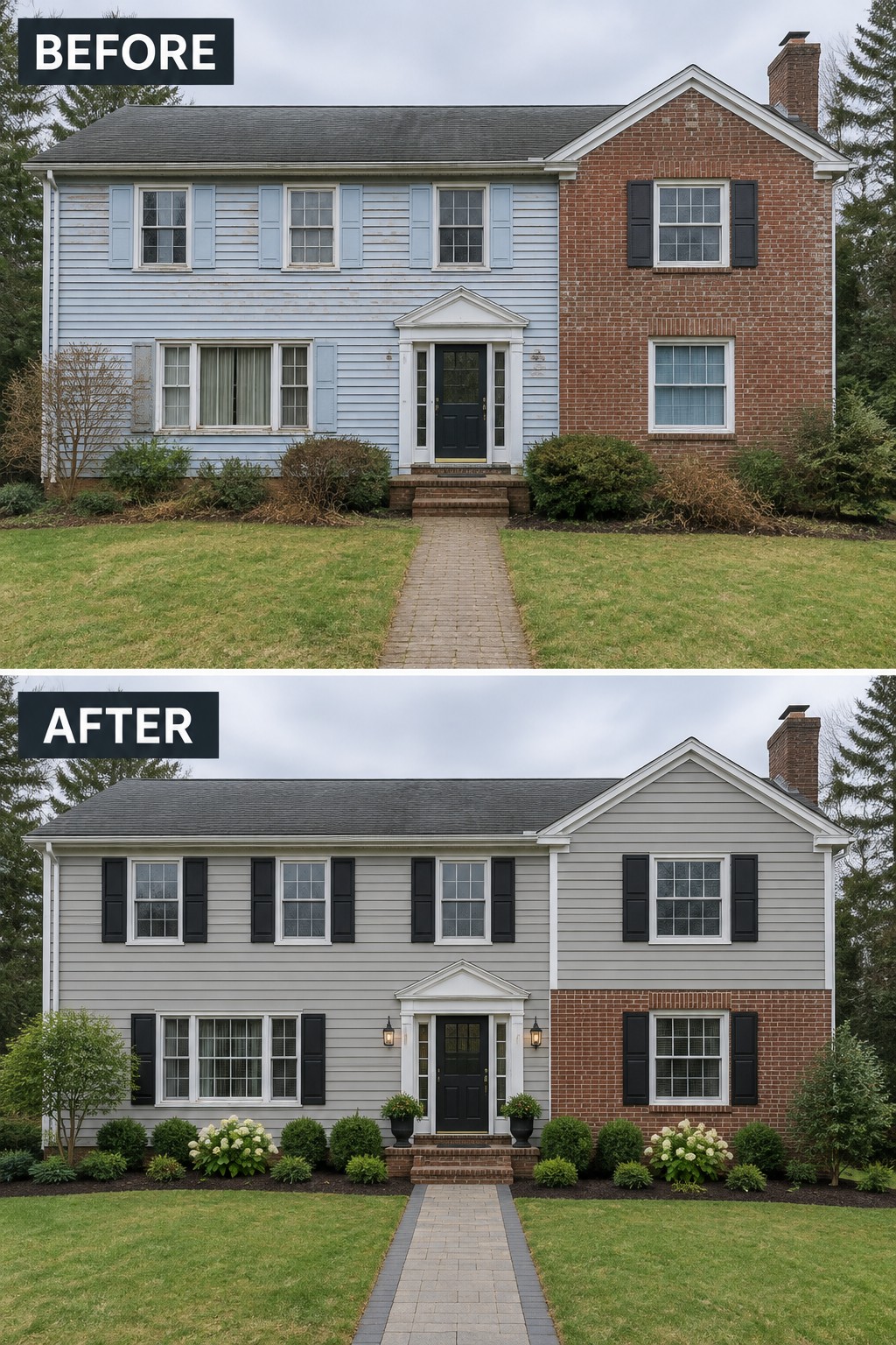 Before and after of two-story house repainted gray with updated landscaping and walkway.