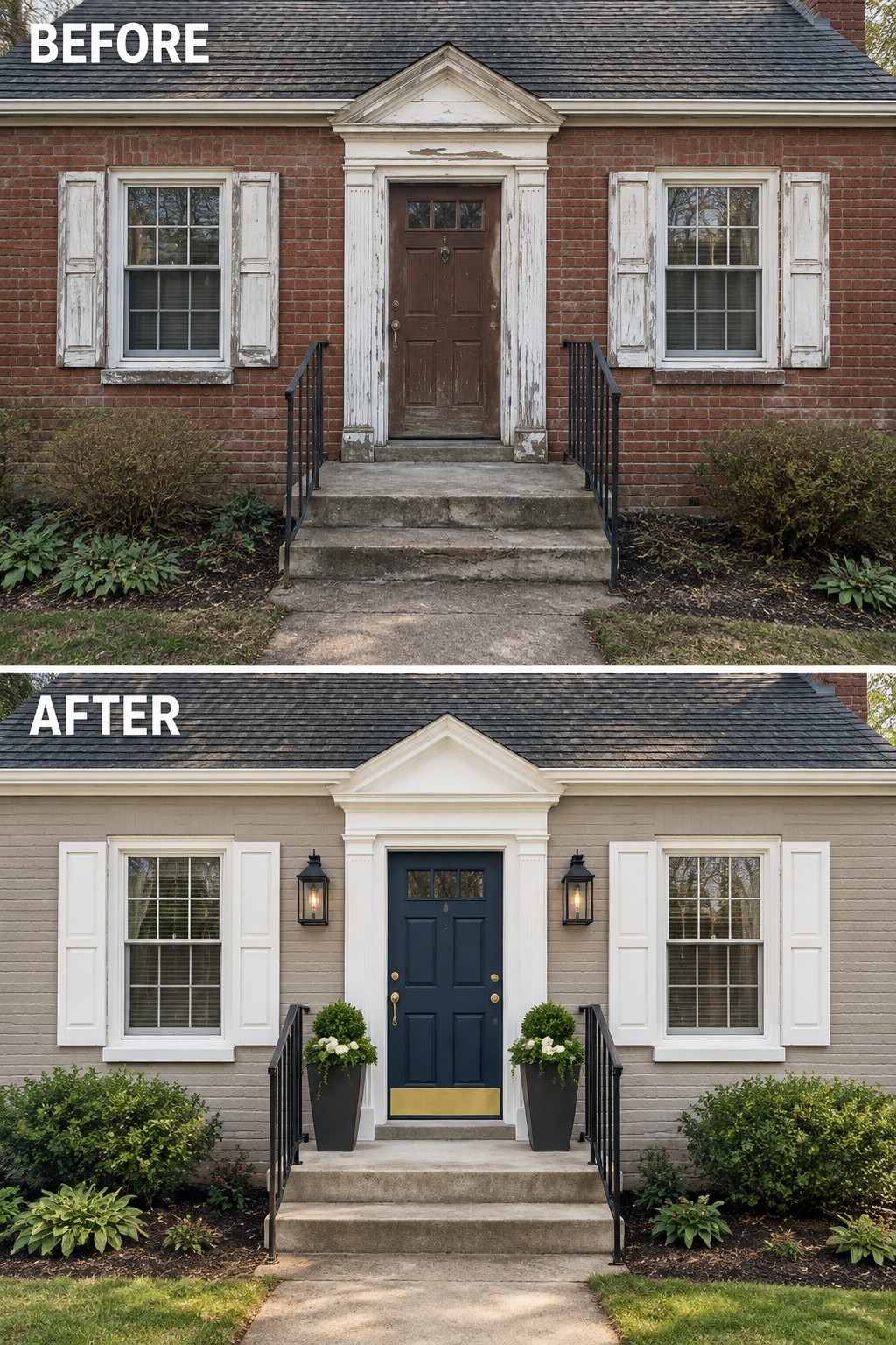 Before and after of a house entrance painted beige with navy door and planters.