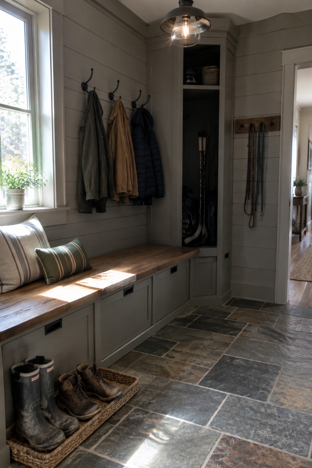 A built-in entryway bench with drawers, coats on wall hooks, and shoes in baskets on a stone tile floor.