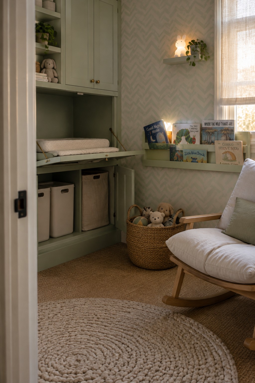 A sage-green built-in cabinet has a padded fold-down changing shelf above storage bins in a nursery.