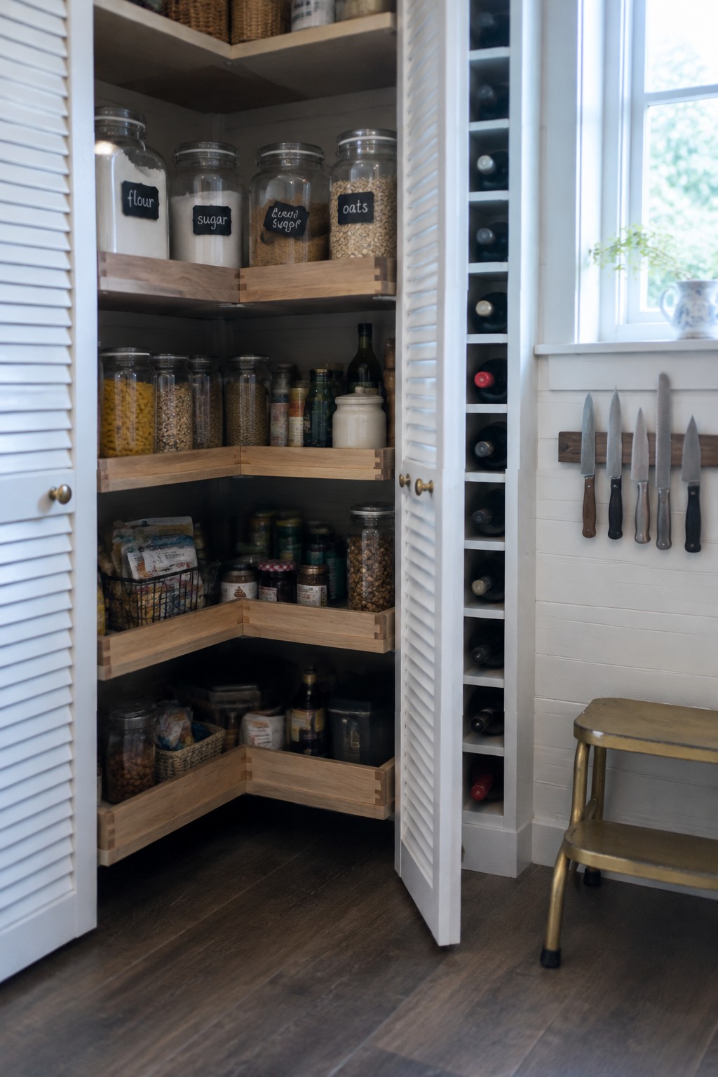 Open corner pantry with pull-out wooden shelves holding jars, cans, and baskets beside a narrow wine rack.