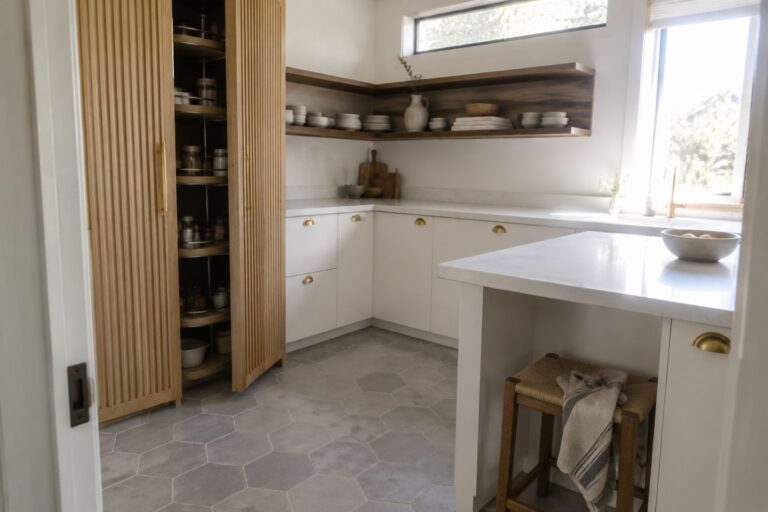 A white corner cabinet with its door open reveals shelves holding cookware beside tall, slatted wood pantry cabinets.