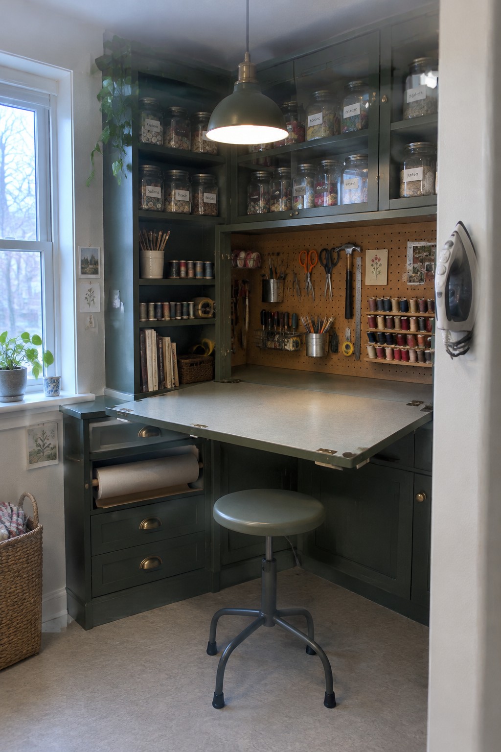 A dark green corner cabinet has a fold-down work surface, glass-fronted jars, and sewing tools arranged on a pegboard.