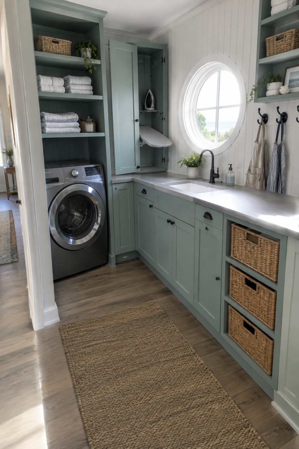 A laundry room with a built-in corner cabinet holding a fold-out ironing board beside a washer and countertop.
