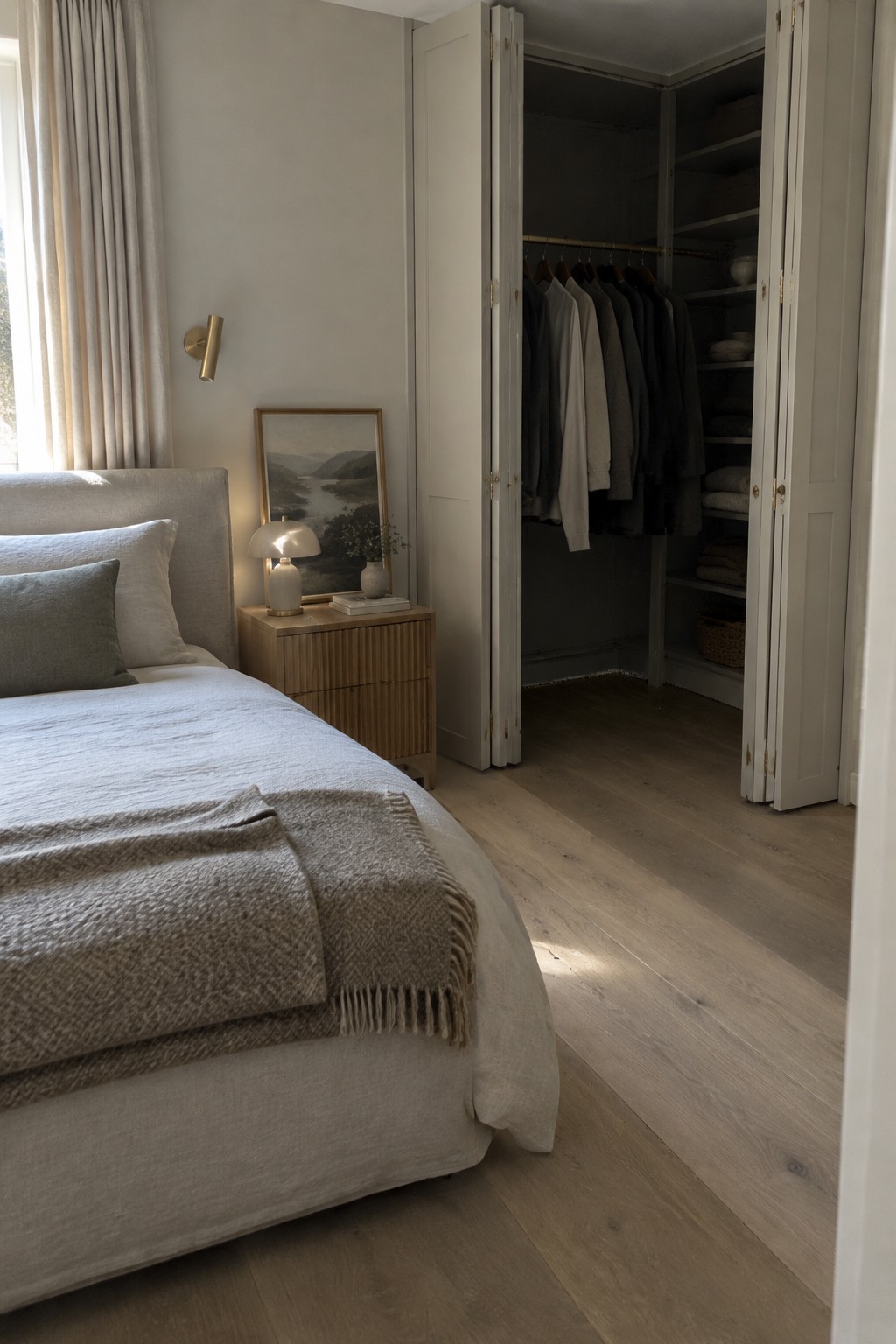 An open corner closet in a bedroom has hanging clothes on one side and shelves with folded linens on the other.