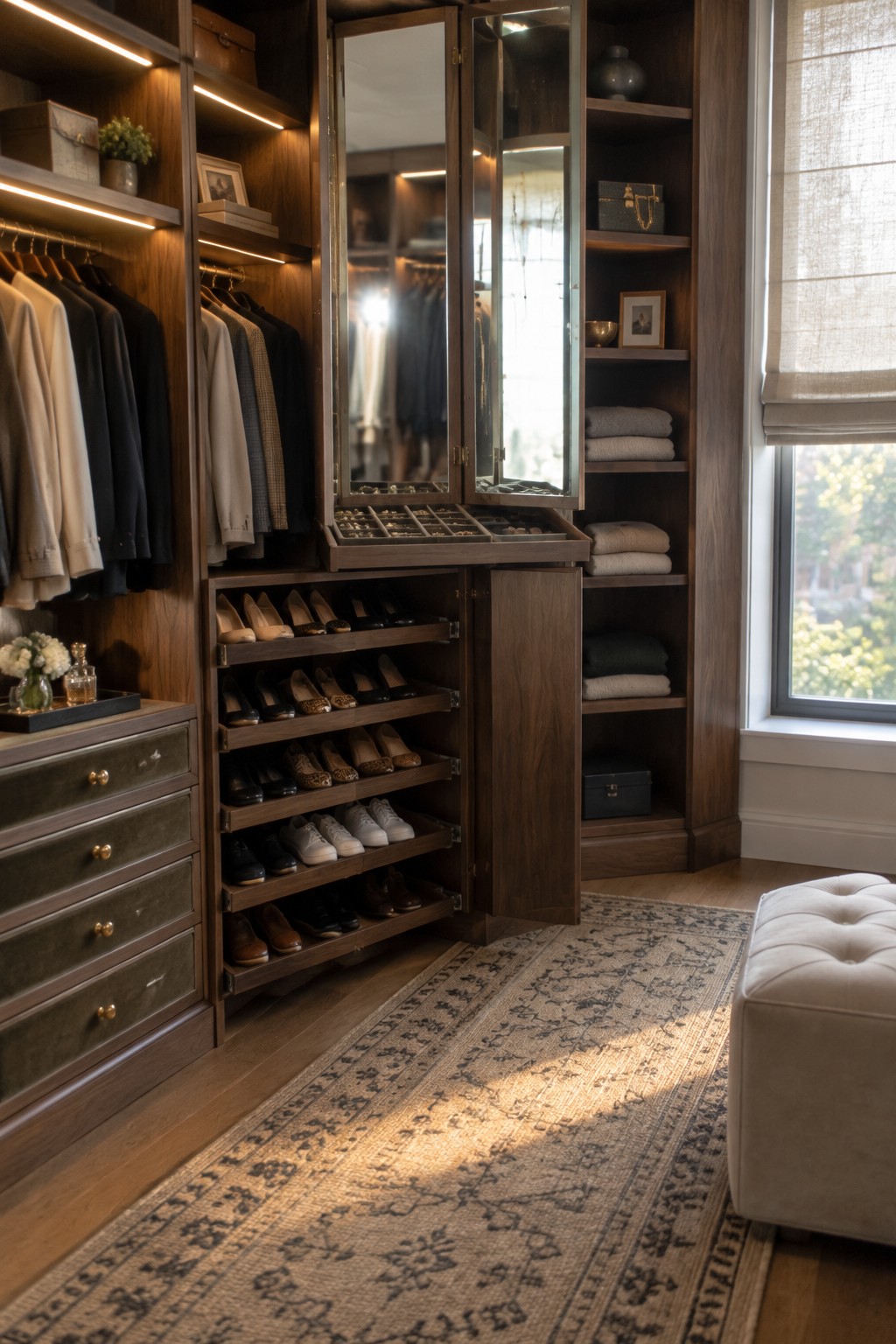 A wood walk-in closet with angled shoe shelves, hanging clothes, folded towels, and a mirrored cabinet.