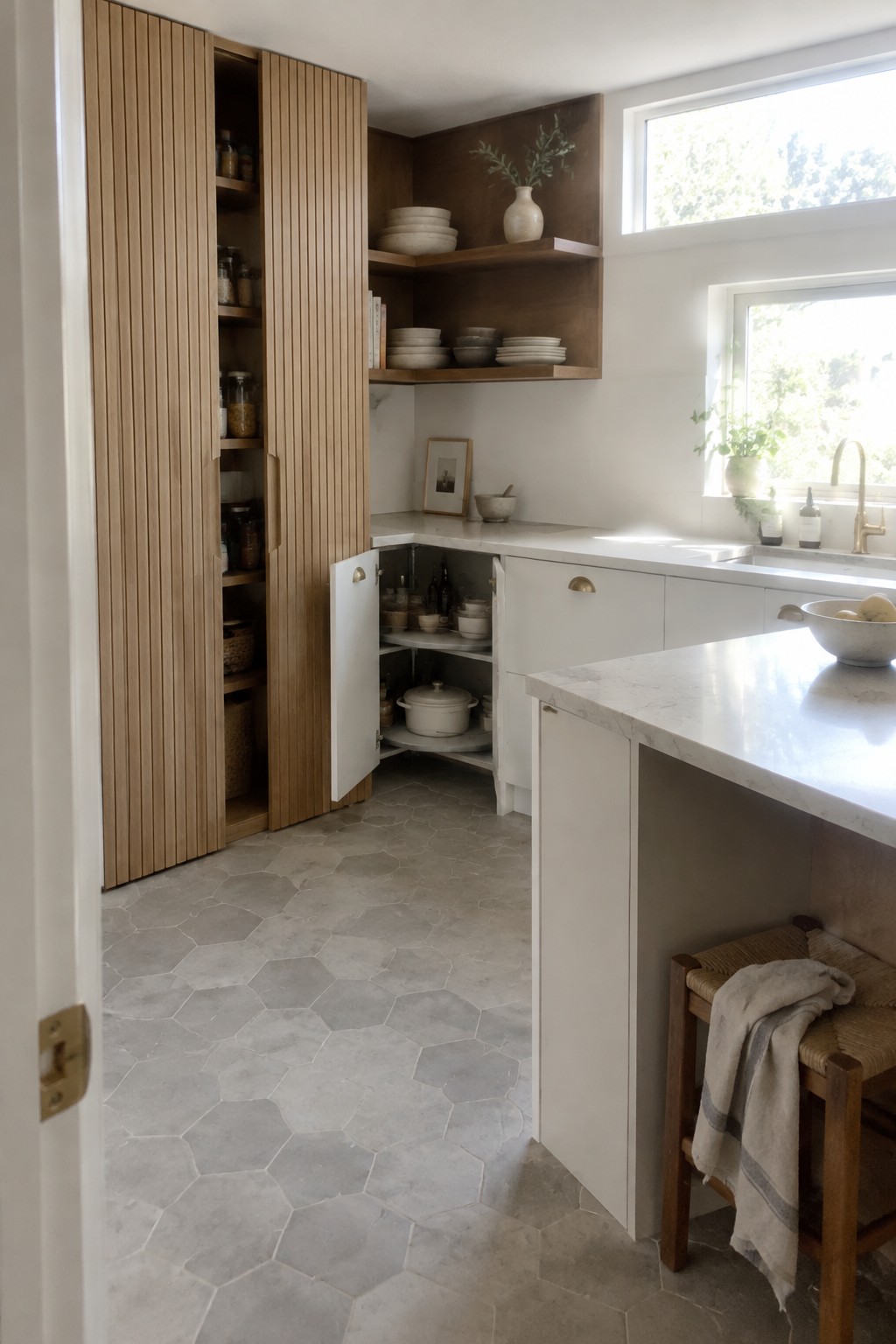 A white corner cabinet with its door open reveals shelves holding cookware beside tall, slatted wood pantry cabinets.