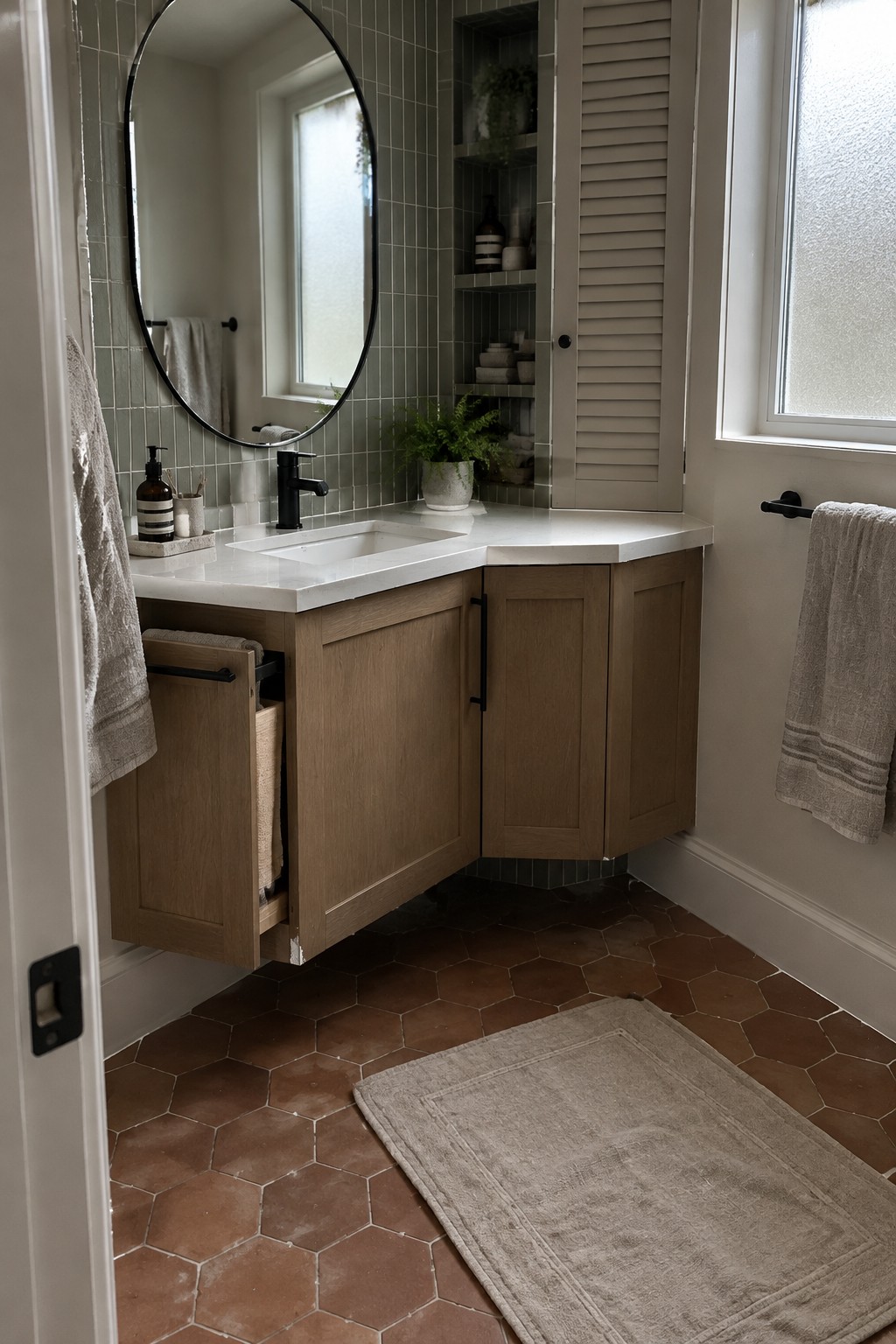 A bathroom corner vanity with a white countertop, wood cabinet doors, an oval mirror, and tiled walls.