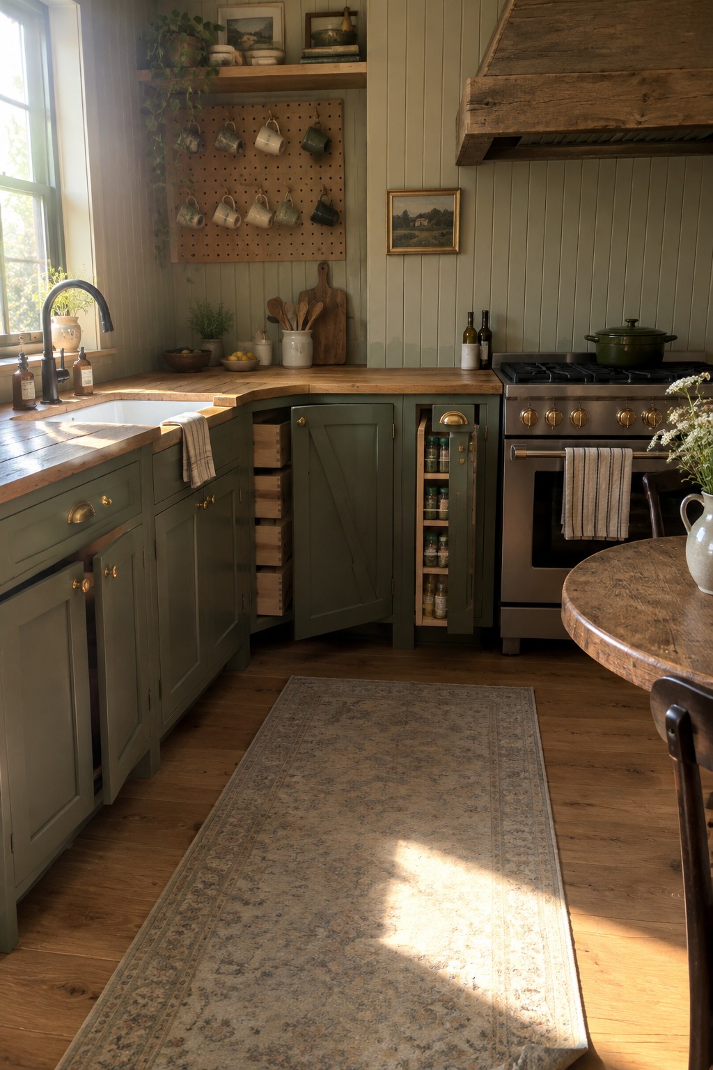 Green kitchen cabinets include wooden drawers in the corner and a narrow pull-out cabinet beside the oven.
