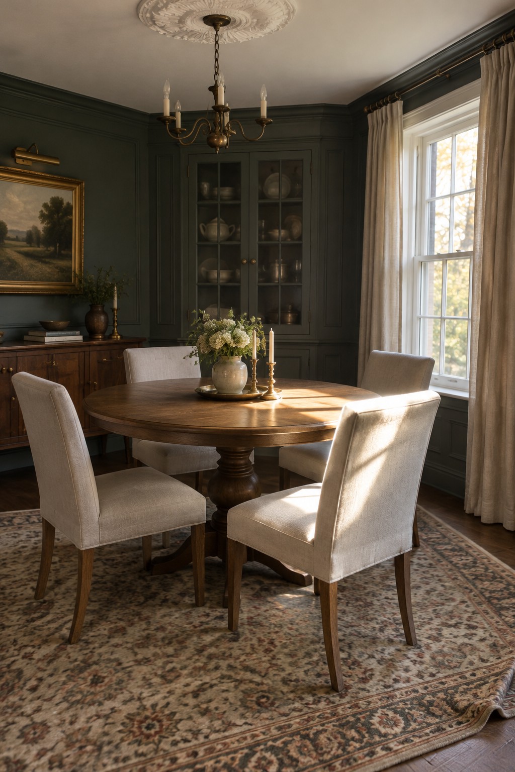 A dark green dining room with a glass-front built-in cabinet holding dishes.