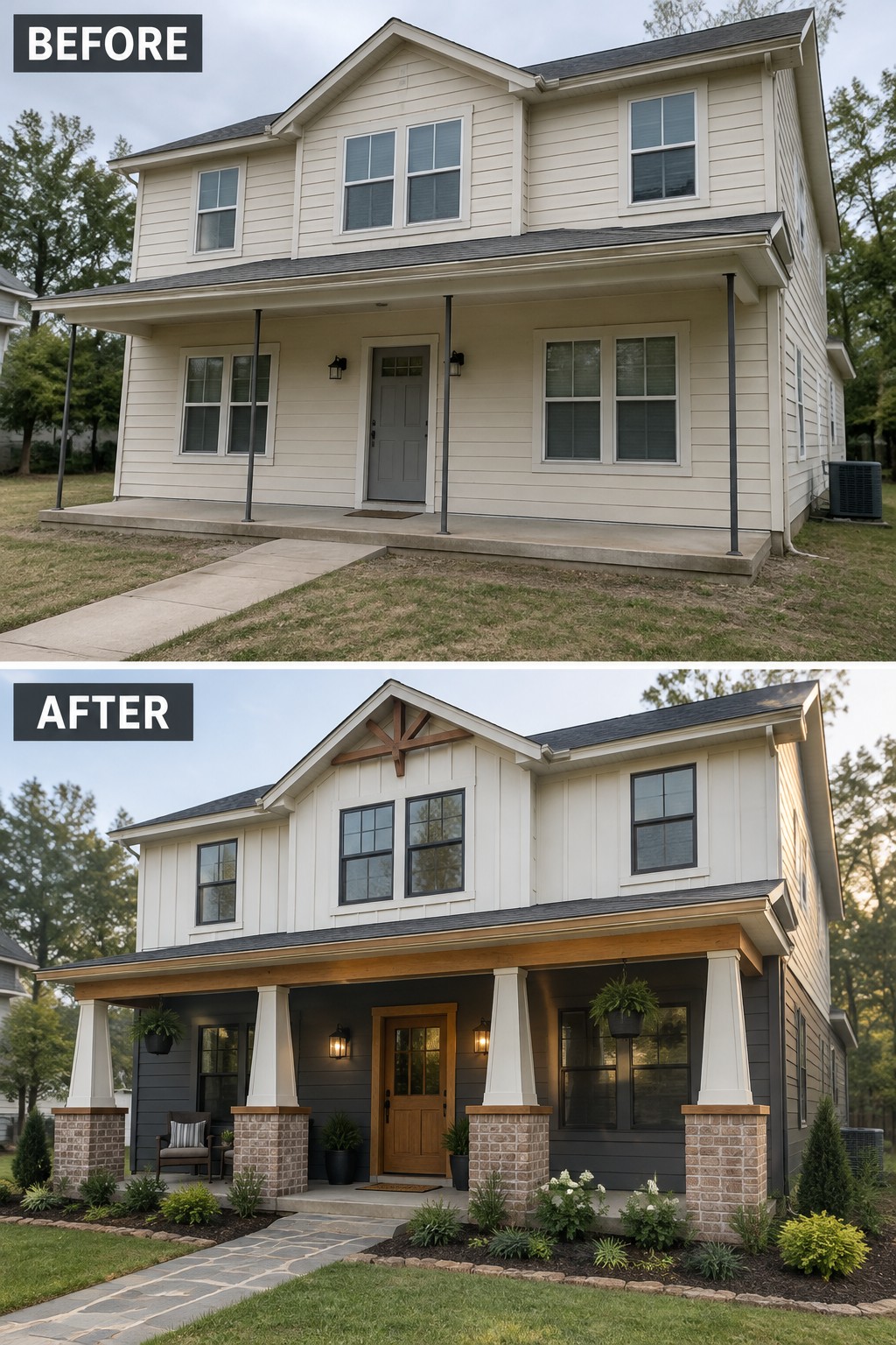 Before-and-after image of a two-story house exterior showing a plain porch with thin posts changed to tapered columns on brick bases with wood beams and two-tone siding.
