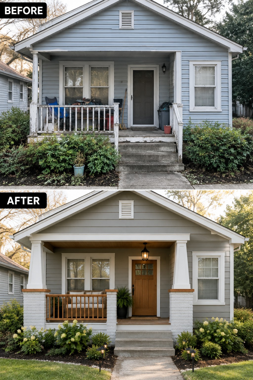 Before-and-after porch renovation showing cluttered blue house transformed into modern gray exterior with landscaping