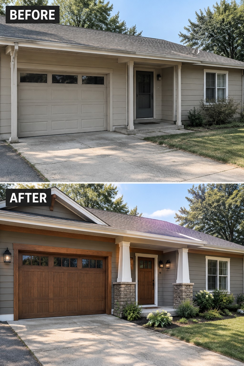 Before-and-after house exterior showing wooden garage door, stone pillars, and new landscaping