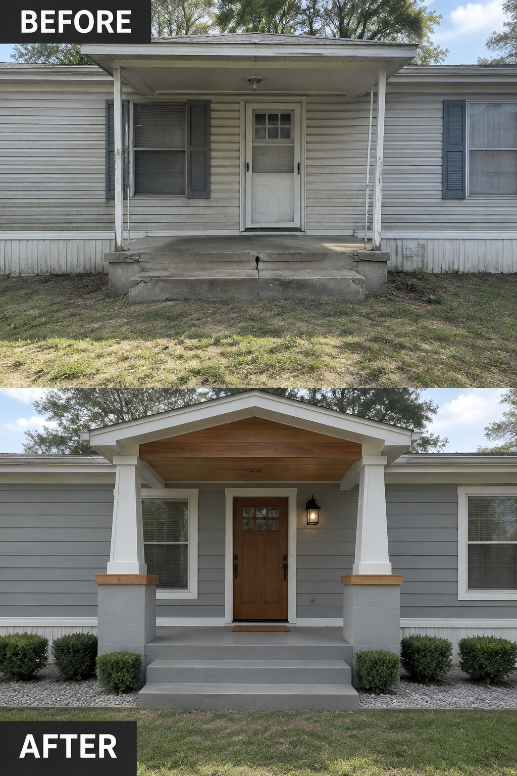 Before-and-after image of a house entry updated with tapered columns, a gable roof with wood accents, a new door, and added shrubs along the steps.