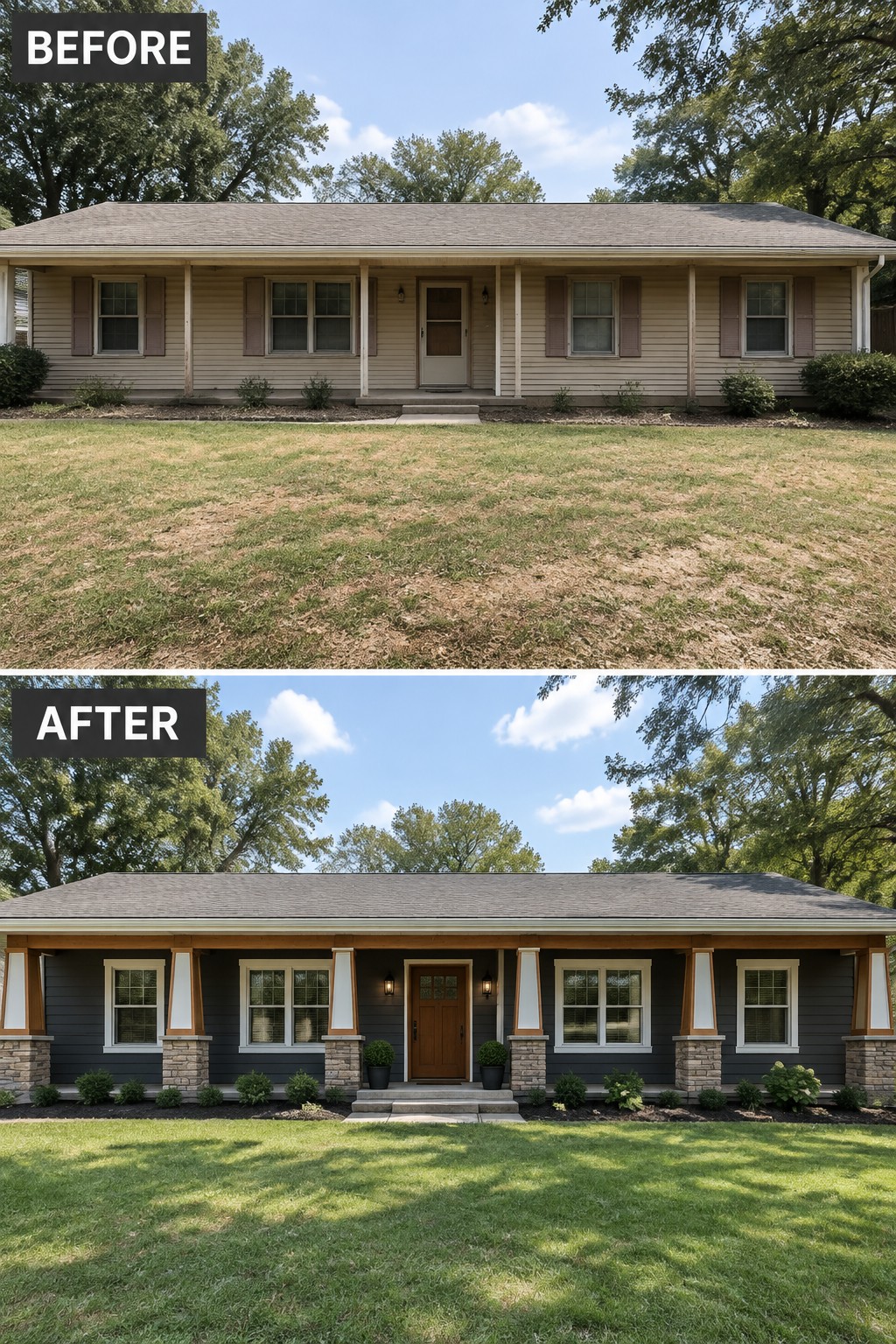 Before and after of beige house renovated with dark siding, stone pillars, and green lawn.