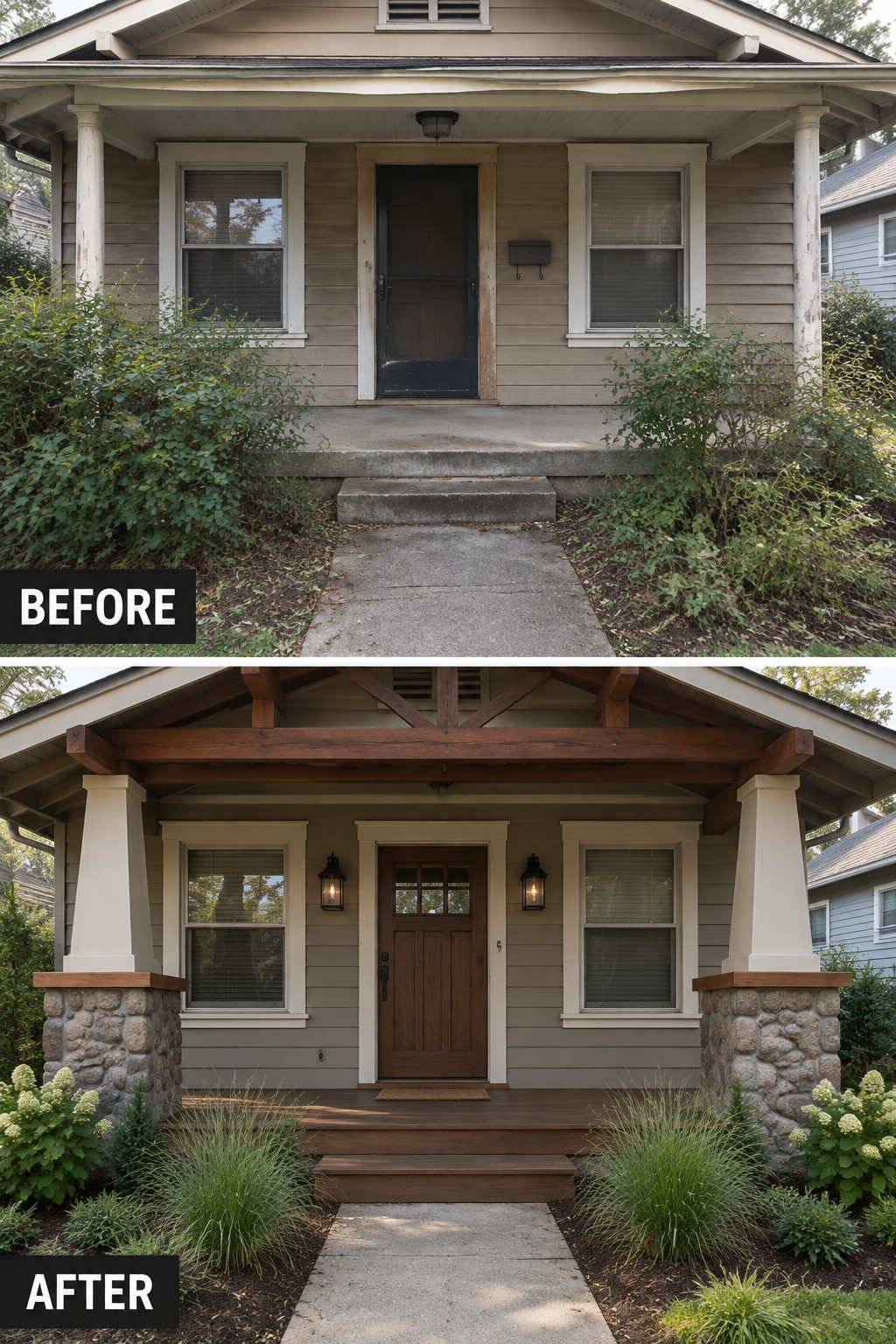 Before and after house porch renovation with wood beams, stone pillars, and landscaping.
