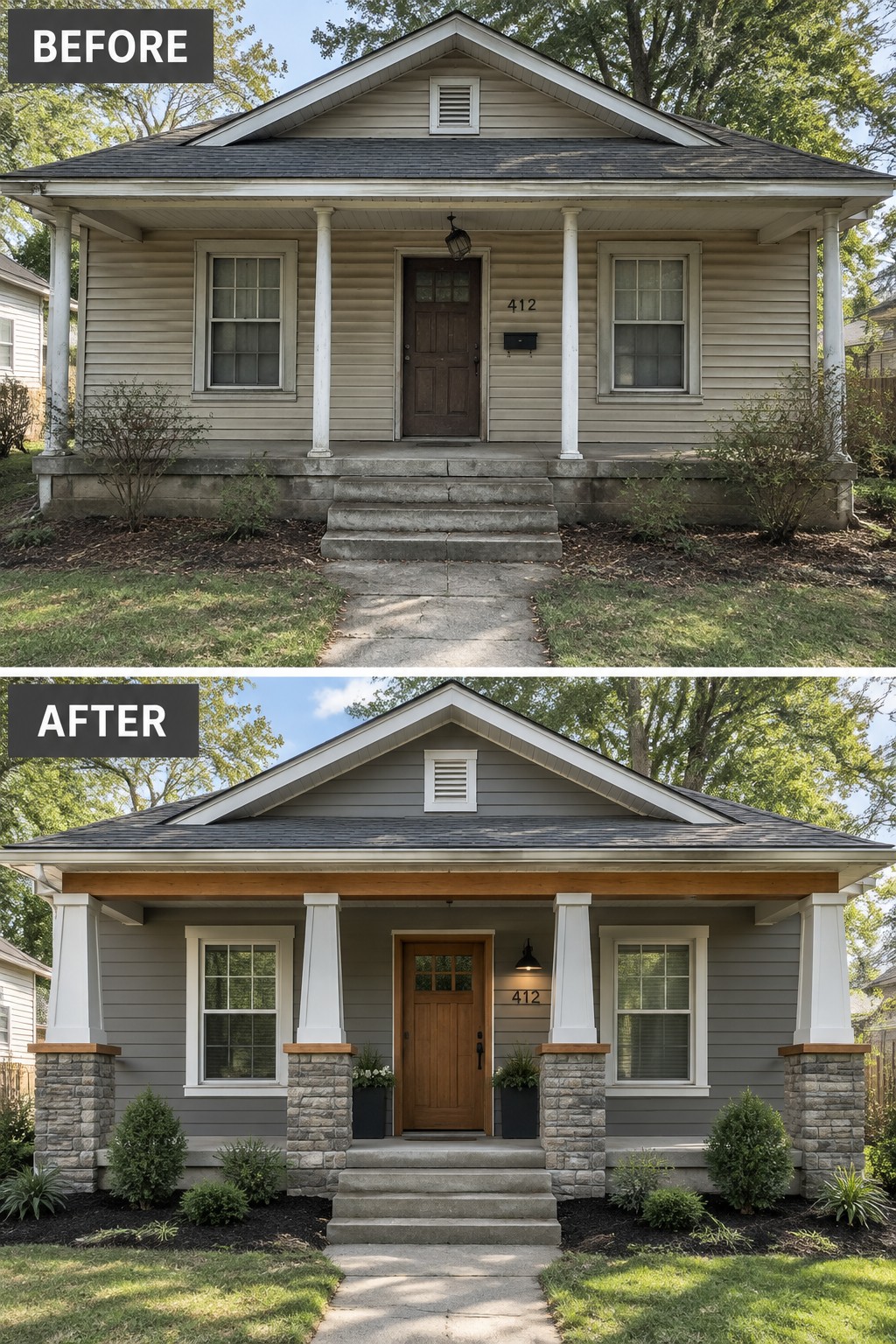 Before-and-after image of a house exterior showing plain white columns replaced with tapered columns on stone bases, a wood porch beam added, and siding changed to gray.