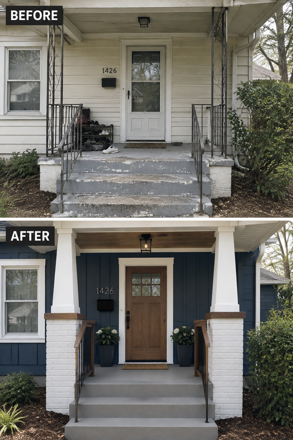 Before-and-after porch renovation from weathered white to modern blue siding and brick pillars