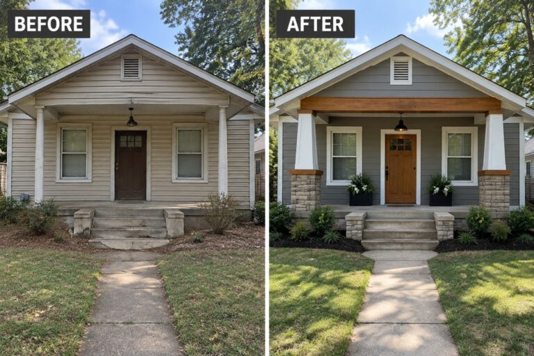 Before-and-after image of a house exterior showing plain white columns replaced with tapered columns on stone bases, a wood porch beam added, and siding changed to gray.