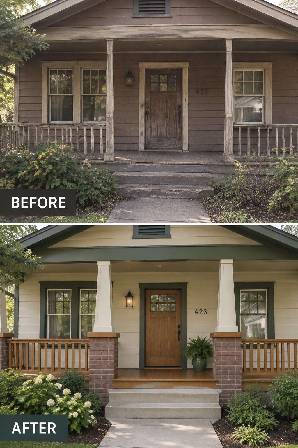 Before and after house porch renovation with new paint, railings, and landscaping.