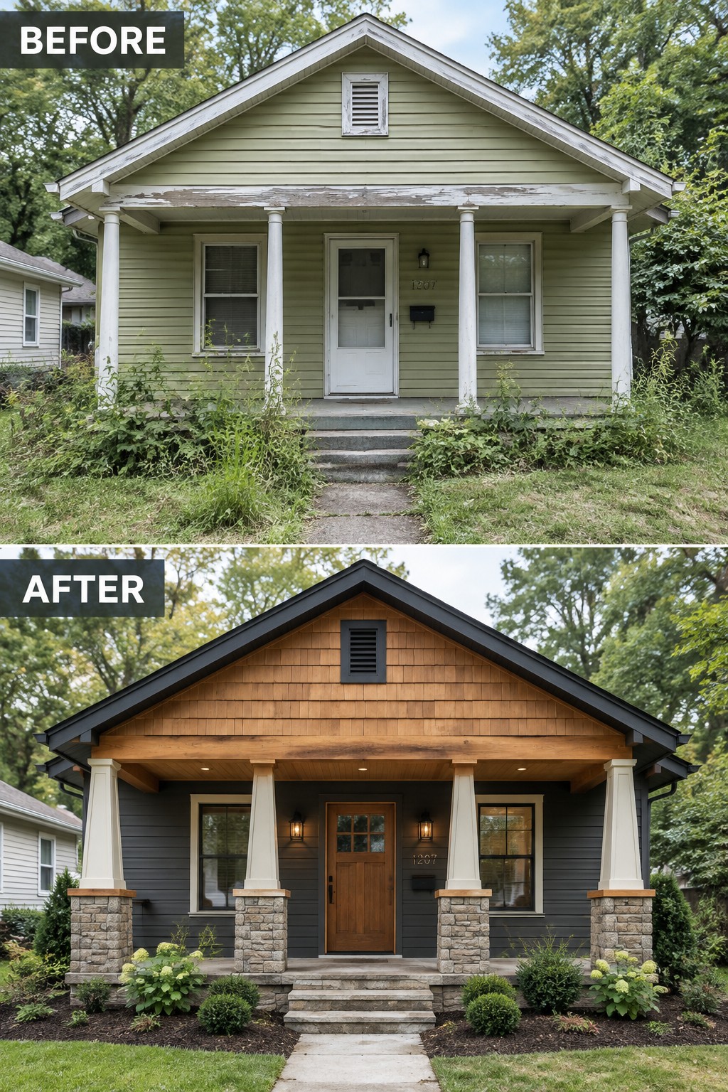 Before-and-after image of a house exterior with light green siding updated to dark siding, wood shake accents, and tapered columns with stone bases.