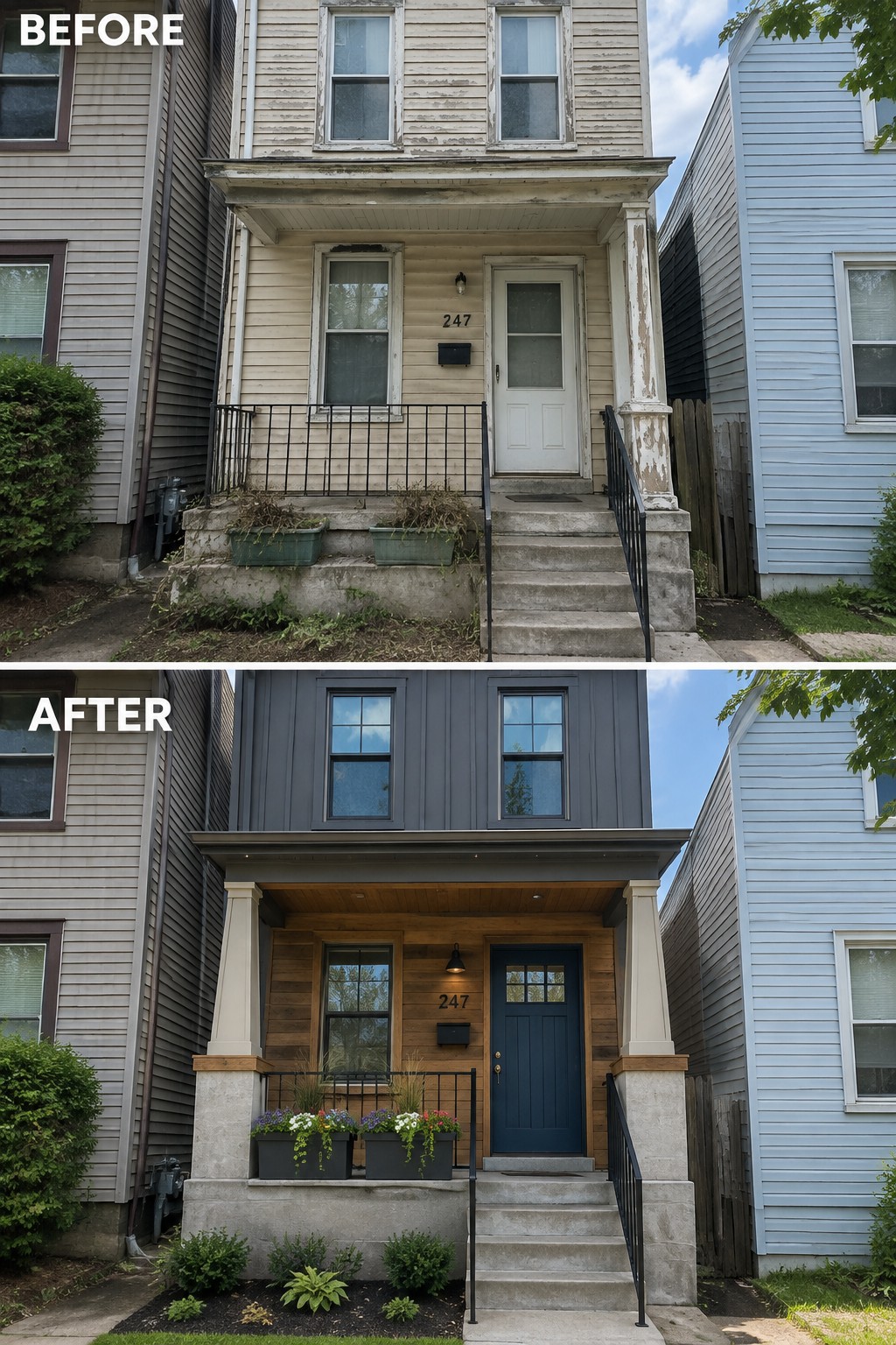 Before-and-after image of a house exterior updated from peeling light siding to dark gray siding with wood accents, tapered columns, and a new front door.