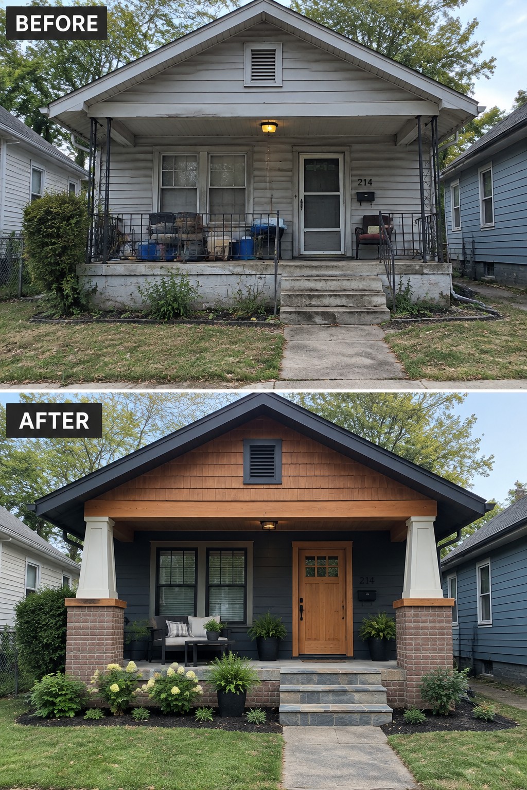 Before-and-after image of a house exterior updated with dark siding, wood gable accents, tapered brick columns, and a cleaner porch.