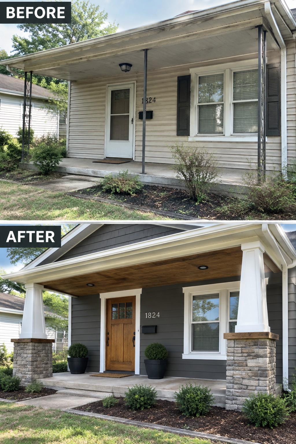 Before-and-after house porch renovation with dark siding, wood accents, and stone columns.
