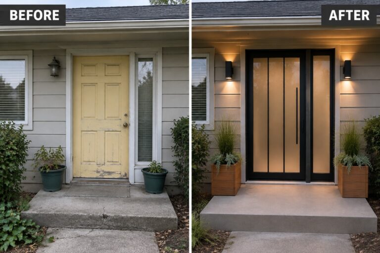 21 Modern Front Door Transformations With Sleek Glass and Metal Details Before and after house entrance with yellow door replaced by modern black door and planters.