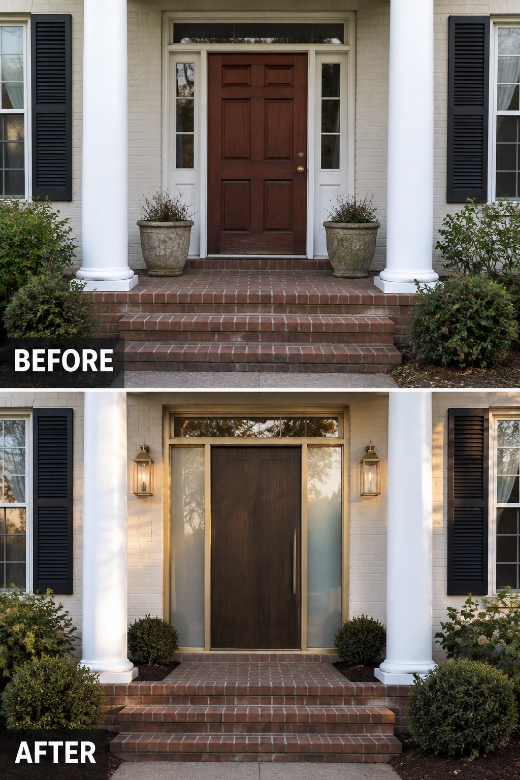 Before-and-after image of a front entry updated with glass sidelights and a metal frame around the door.