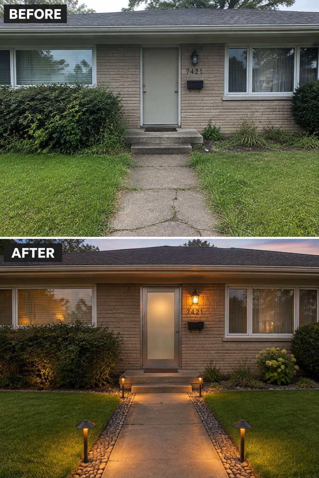 Before and after of brick house with new door, path lights, and landscaping