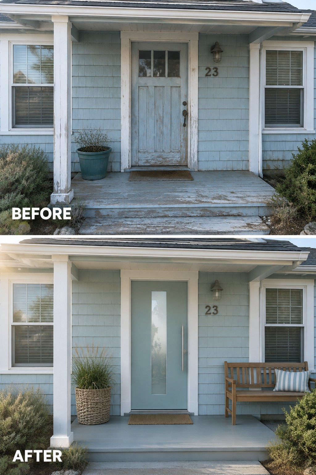 Before and after of light blue house porch with new door, bench, and planters.