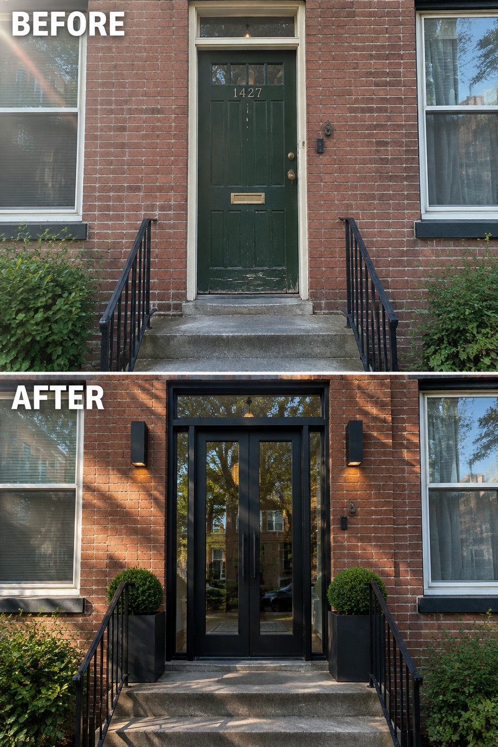 Before-and-after image of a brick house front entry updated from a green paneled door to a modern black double glass door with new sconces and planters.
