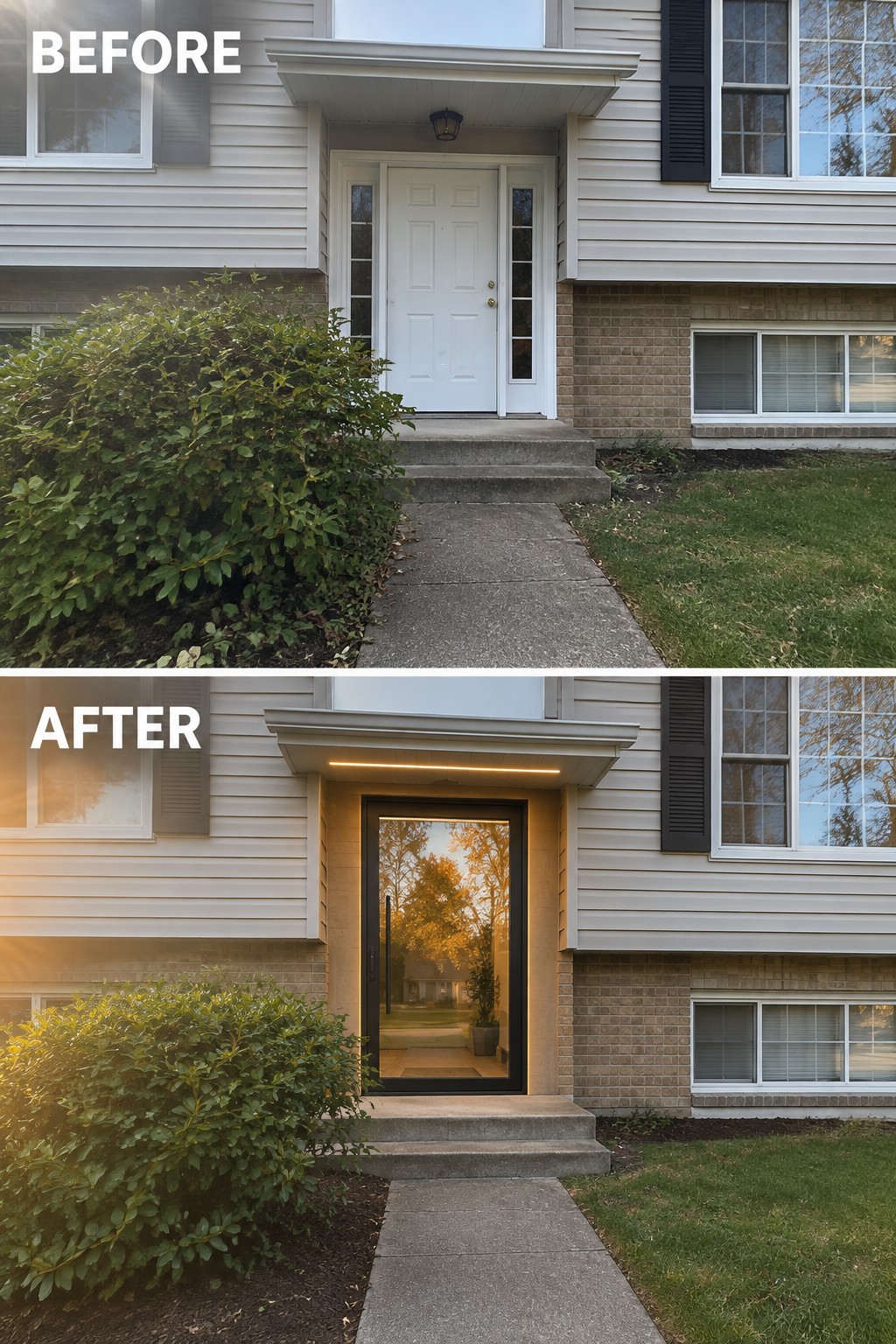 Before and after of beige house entrance with new black modern door and lighting