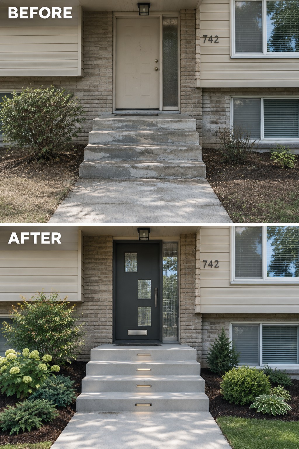 Before and after of house entrance with new black door, lit steps and landscaping
